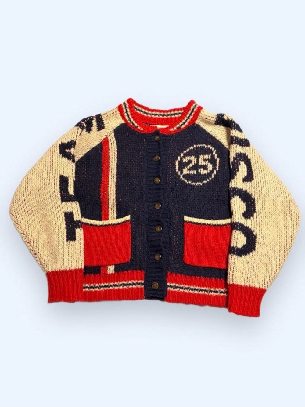 Retro Red & Navy Knit Button-Front Cardigan Sweater